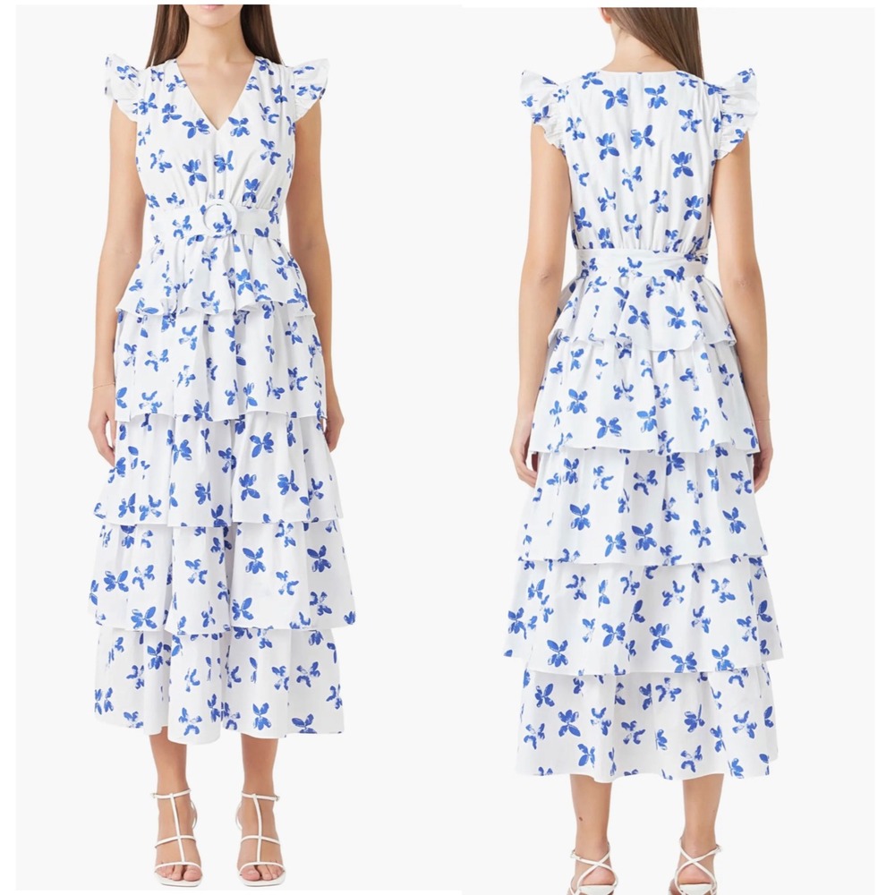 Endless Rose Blue Butterfly Print Tiered Maxi Dress White V-Neck Ruffle Size XL